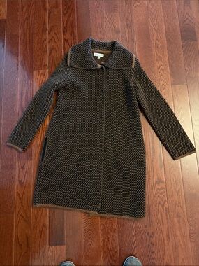 Textured Brown Women's Long Knit Cardigan with Collar